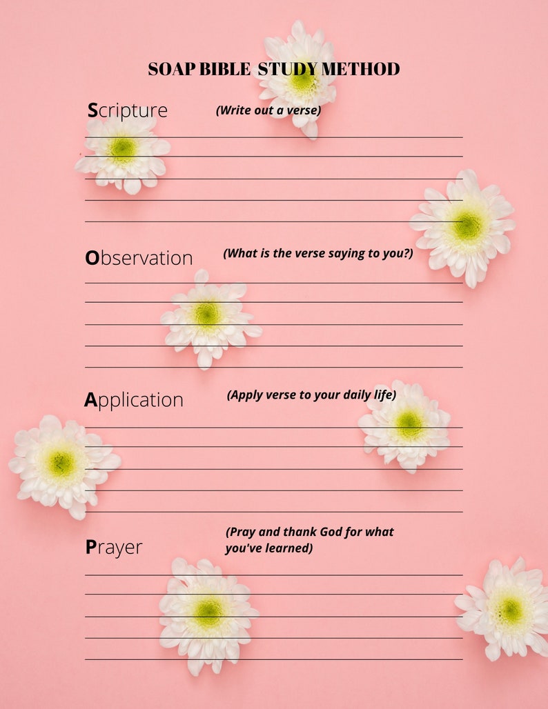 May include: A pink background with the text "SOAP BIBLE STUDY METHOD" and the words "Scripture," "Observation," "Application," and "Prayer." Each word is followed by a brief explanation. White flowers are scattered across the image.