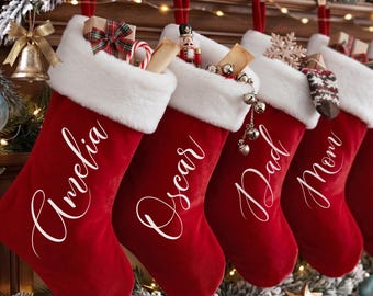 Personalized Christmas Stocking, Custom Name Red Plush Stocking, Family Holiday Decor, Christmas Mantel Decoration, Christmas Gift