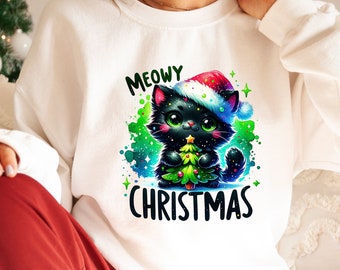 Meowy Christmas Shirt, Cat Christmas Sweatshirt, Cat Lover Xmas T-Shirt, Christmas Cat Mom Sweater, Catmas Gift For New Year, Xmas Crewneck