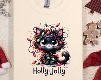 Holly Jolly Cat Christmas Sweater, Christmas Cat Sweatshirt, Black Cat Christmas Shirt, Kitten Christmas Shirt, Cat Lover Gift, Cat Mom Tee