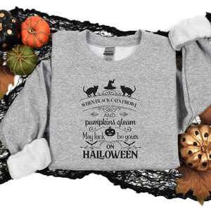 Peut inclure: Sweat-shirt gris avec un imprim&eacute; graphique noir qui dit "When black cats prowl and pumpkins gleam may luck be yours on HALLOWEEN". Le graphique comprend &eacute;galement un chat noir, un chapeau de sorci&egrave;re et une citrouille.