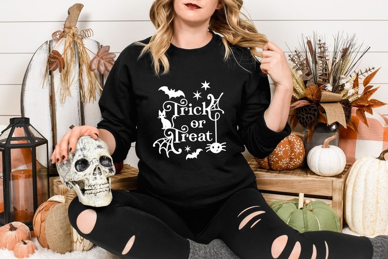 May include: A black sweatshirt with a white graphic design that says "Trick or Treat" with a cat, spider, and bats.