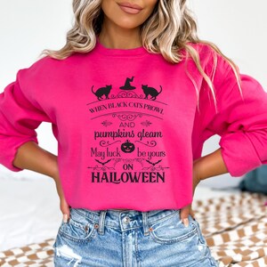 Peut inclure: Un sweat-shirt rose avec un imprim&eacute; graphique noir qui dit "When black cats prowl and pumpkins gleam, may luck be yours on Halloween". Le graphique comprend &eacute;galement un chat noir, un chapeau de sorci&egrave;re, une citrouille et des chauves-souris.