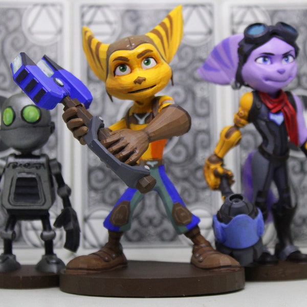 Ratchet and Clank and Rivet from Ratchet and Clank: Rift Apart - custom collectible - Hand-painted 3d printed resin figurine.