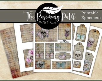 Material efímero imprimible con calaveras felices con diseños botánicos, ¡perfecto para diarios basura, grimorios, etiquetas de regalo y más!