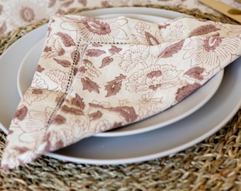 Serviettes de table en coton et lin à imprimé floral, linge de table botanique vintage, décoration de table cottagecore, salle à manger romantique, serviettes de table pour mariage