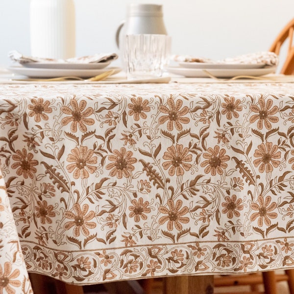 Brown Floral Tablecloth | Block Print Tablecloth | Rectangle Table Cover | Valentines Day | Spring | Large Tablecloth | Easter Tablelcloth