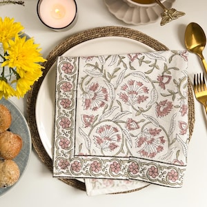 Pink Floral Block Print Napkins - Set of 2 Cotton Dinner Linens