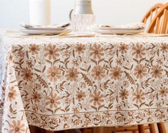Brown Floral Tablecloth | Block Print Tablecloth | Rectangle Table Cover | Valentines Day | Spring | Large Tablecloth | Easter Tablelcloth