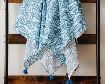 Blue Block Print Cotton Scarf | Printed Head Scarf | Tassel Scarves | Valentines Day | Gifts For Her | Unique Gift Ideas | Hand Printed