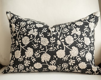 Black Floral Pillow Cover | Block Print Pillow | Decorative Throw Pillow | 20x20 | 22x22 | Warm Neutral | Modern | Farmhouse | Cottage