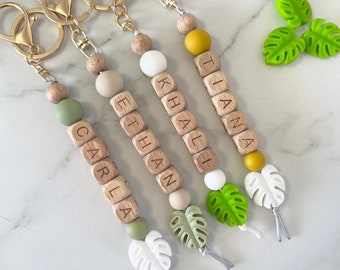 Monstera Deliciosa Leaf gepersonaliseerde sleutelhanger | Aangepaste sleutelhanger| Kralen sleutelhanger| Meisje jongen cadeau| Kerstvakantie| Taslabel | Kind Peuter