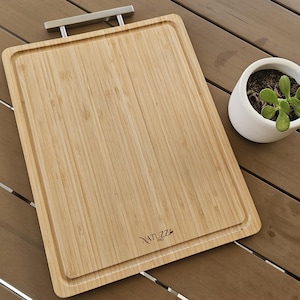Double Sided Bamboo Cutting Board with Stainless Steel Handle | Kitchen Prep Tool