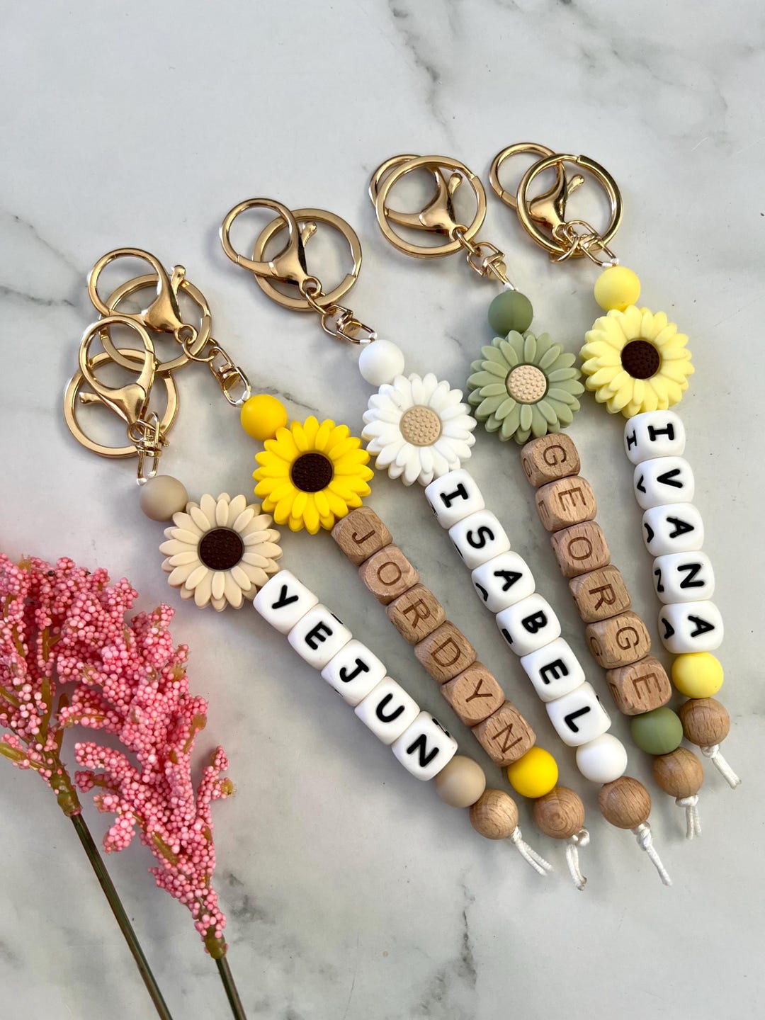 Personalized Flower Key Ring: Custom Name Bag Tag, Silicone & Beech ...