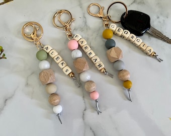 Personalized Silicone & Beech Wood Key Ring: Bag Tag, Name Tag
