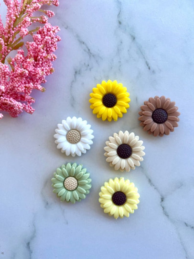 May include: Six small, colorful, silicone sunflower-shaped buttons. The buttons are in shades of yellow, green, brown, and white.