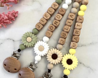 Flower Personalized Pacifier Clip, Custom Name Soother Chain