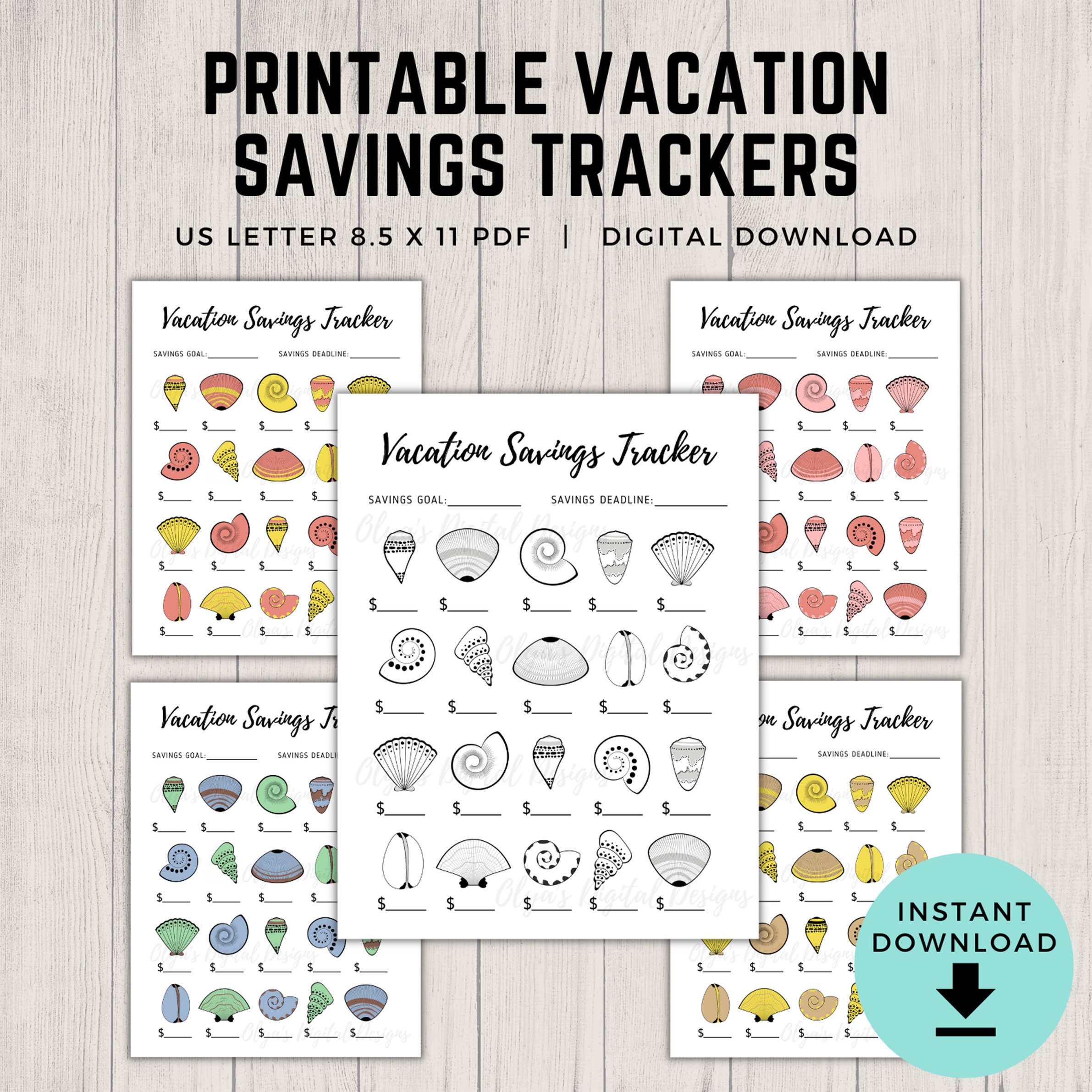Printable Vacation Savings Tracker Bundle Pack of 5 Seashells | Etsy
