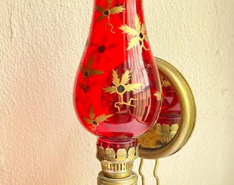 Vintage Wall Oil Lamp with Mirror — Red Hand Painted Glass — Mid Century Kerosene Lamp — Rustic Farmhouse Wall Light Decor