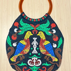 Vintage 1970s Candy Dot Beaded Bag – Colorful Birds & Floral Design – Top Ring Handles – Retro Handbag