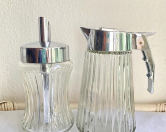 Vintage 1970s Valira Sugar and Honey Dispenser Set – Glass and Chrome Style – Retro Kitchen Breakfast Bar Duo