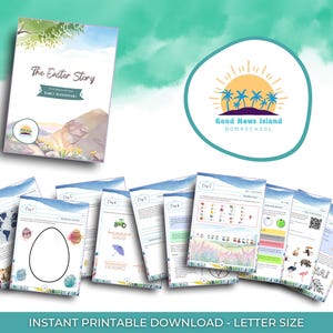 以下が含まれることがあります： 幼児向けのイースターストーリーの印刷可能なアクティビティブックレット。表紙には、日の出と小さな子供がいる山のカラフルなイラストが描かれています。ブックレットには、塗り絵、マッチング、単語検索などのアクティビティが含まれています。表紙のテキストは「The Easter Story」と「Early Elementary」です。