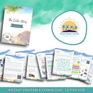 May include: A printable Easter story activity booklet for early readers. The cover features a watercolor illustration of a mountain with a yellow flower. The booklet includes activities like a maze, a word search, and a coloring page. The text on the cover reads "The Easter Story".