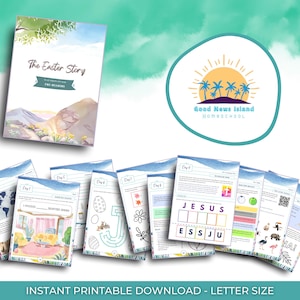 以下が含まれることがあります： イースターの物語をテーマにした、就学前の子供向けプリント可能なワークシートのセットです。ワークシートには、塗り絵、なぞり書き、単語パズルなどのアクティビティが含まれています。ワークシートは、「The Easter Story」という本と一緒に使用することを目的としており、本も写真に写っています。ワークシートは、Good News Island Homeschoolから提供されています。