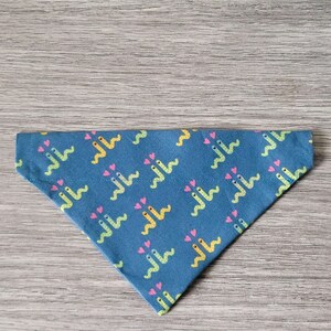 May include: A blue bandana with a pattern of yellow and green worms with pink hearts. The bandana is folded into a triangle shape.