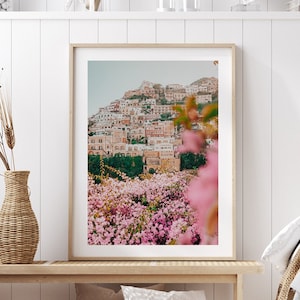 Italy Wall Art , Amalfi Coast Print , Positano Print , Pink Home Decor , Boho Framed Wall Art , Flower Print , Photography Print