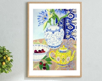 Chinoiserie Watercolour Framed Print,  Wall Art, Blue Painting , Flowers Still Life, Waterlillies , Botanical Art 12x16 18x24 24x32 inch