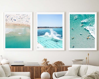 Set of 3 Prints , Framed Wall Art , Bondi Beach Prints , Photography Prints , Aerial Beach , Australia , Boho Home Decor , Ocean Print ,