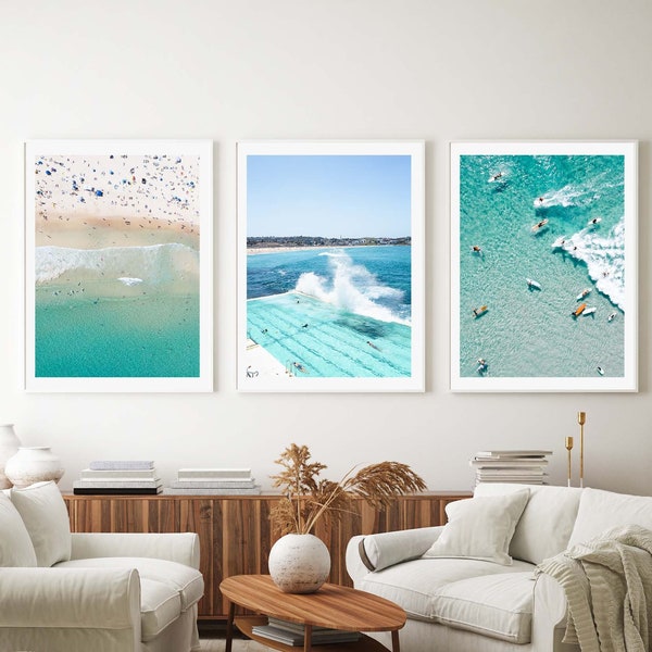 Set of 3 Prints , Framed Wall Art , Bondi Beach Prints , Photography Prints , Aerial Beach , Australia , Boho Home Decor , Ocean Print ,
