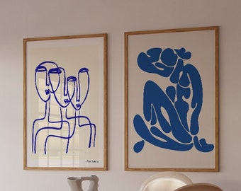 Framed Wall Art , Matisse Style , Set of 2 prints , Scandinavian Wall Art , Modern Blue Art , A2 Prints , Blue Portrait , 24x32 , 18x24