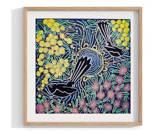 アボリジニの額入りプリント、鳥と花の壁アート、現代的な壁の装飾