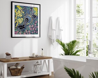 アボリジニの額入りプリント、鳥と花の壁アート、現代的な壁の装飾