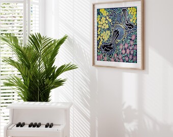 アボリジニの額入りプリント、鳥と花の壁アート、現代的な壁の装飾