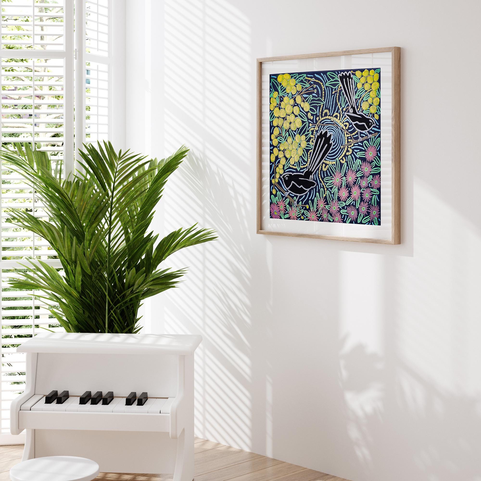 アボリジニの額入りプリント、鳥と花の壁アート、現代的な壁の装飾