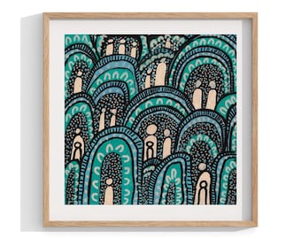 アボリジニの額入りプリント、鳥と花の壁アート、現代的な壁の装飾