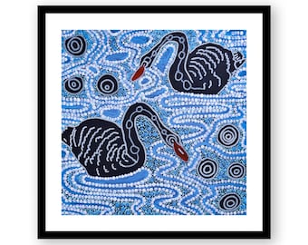 Aboriginal Framed Print , Swans Wall Art , Contemporary Wall Decor , Painting Living Room Decor , Indigenous Australian Art , Square Size