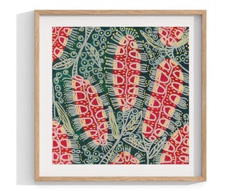 アボリジニの額入りプリント、鳥と花の壁アート、現代的な壁の