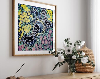 アボリジニの額入りプリント、鳥と花の壁アート、現代的な壁の装飾
