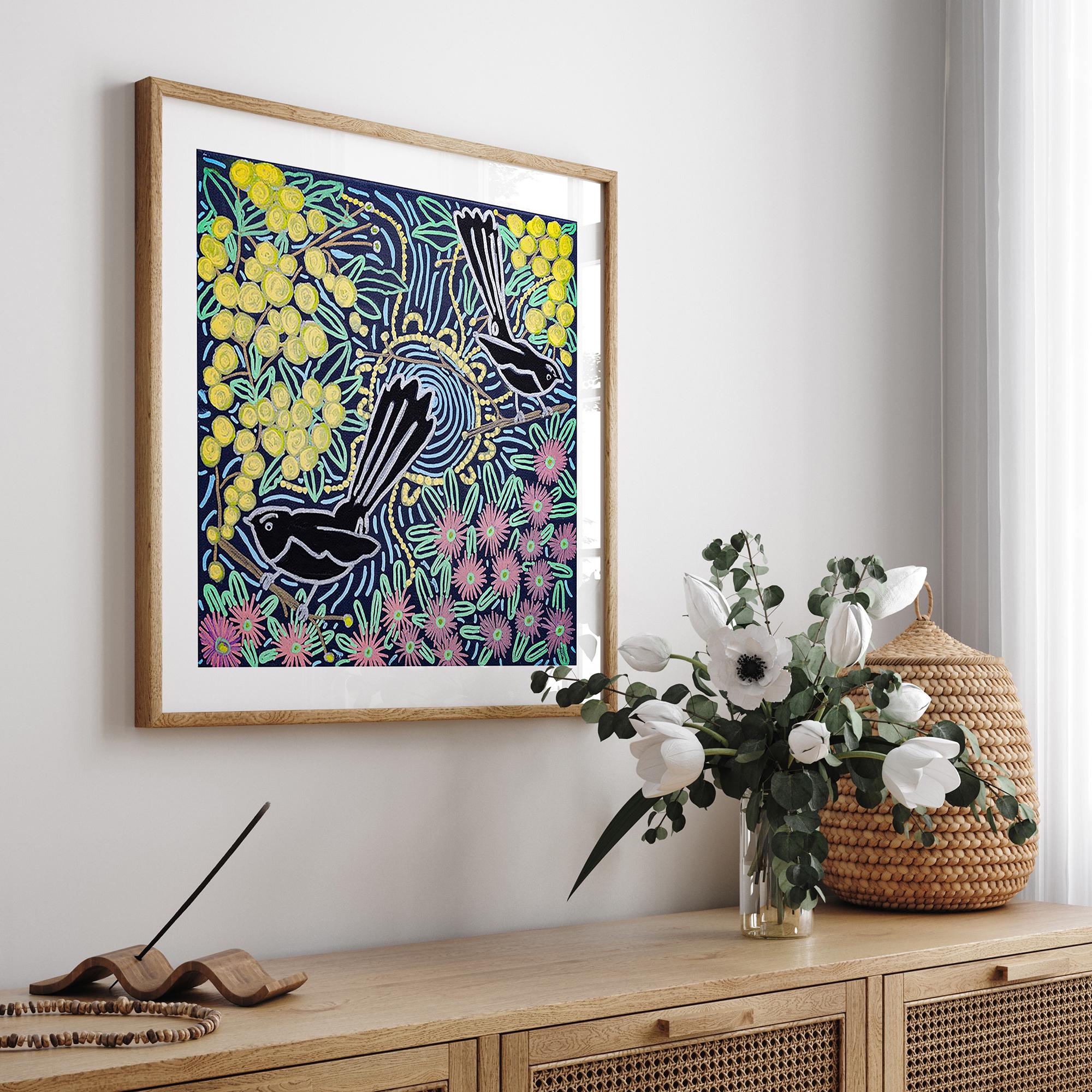 アボリジニの額入りプリント、鳥と花の壁アート、現代的な壁の