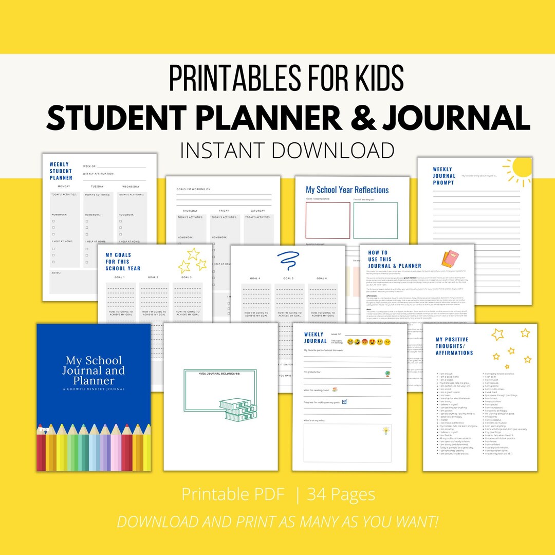 Student Planner and Journal, Growth Mindset Journal, Printable School ...