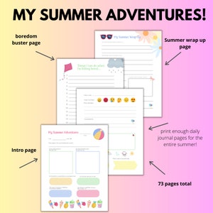 May include: A printable summer journal with 73 pages, including an intro page, daily journal pages, a boredom buster page, and a summer wrap-up page. The journal features colourful illustrations of a beach ball, ice cream cones, and a kite.