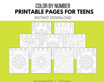Mandala Coloring Pages, Printable Color by Number, Activity Pages for Teens