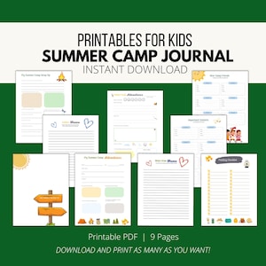 Diario del campeggio estivo stampabile, libro del campeggio, diario del campeggio, diario delle avventure, download immediato