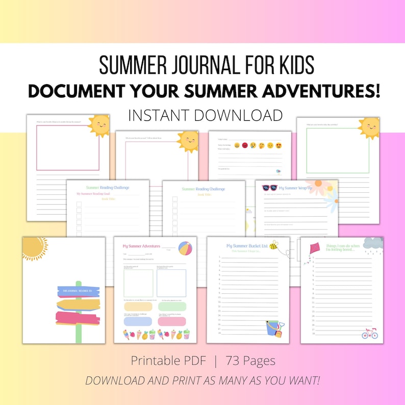 May include: A colourful printable PDF summer journal for kids with 73 pages. The cover features a yellow sun with a smiling face and the text "Summer Journal for Kids Document Your Summer Adventures! Instant Download".