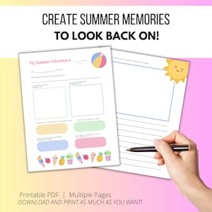 May include: Printable summer journal featuring colourful beach ball, sun and ice cream illustrations. The journal includes prompts for writing about favourite parts of summer, favourite ice cream flavours and places to visit.