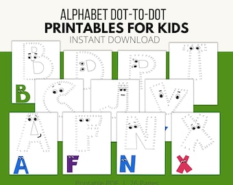 Puede incluir: Hojas de actividades de puntos a unir imprimibles para niños con el alfabeto. Cada página presenta una letra diferente del alfabeto con una linda cara de dibujos animados. Hay 26 páginas en total. ¡Descargue e imprima tantas como desee!  Printable PDF | 26 Pages DOWNLOAD AND PRINT AS MANY AS YOU WANT!